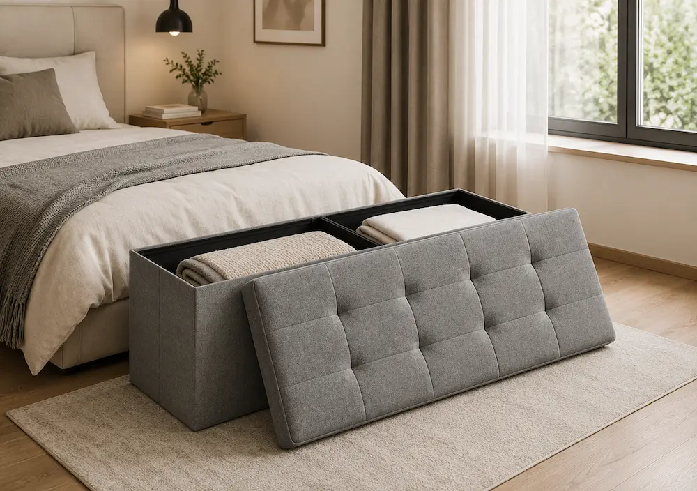 Banc coffre utilisé au pied d'un lit