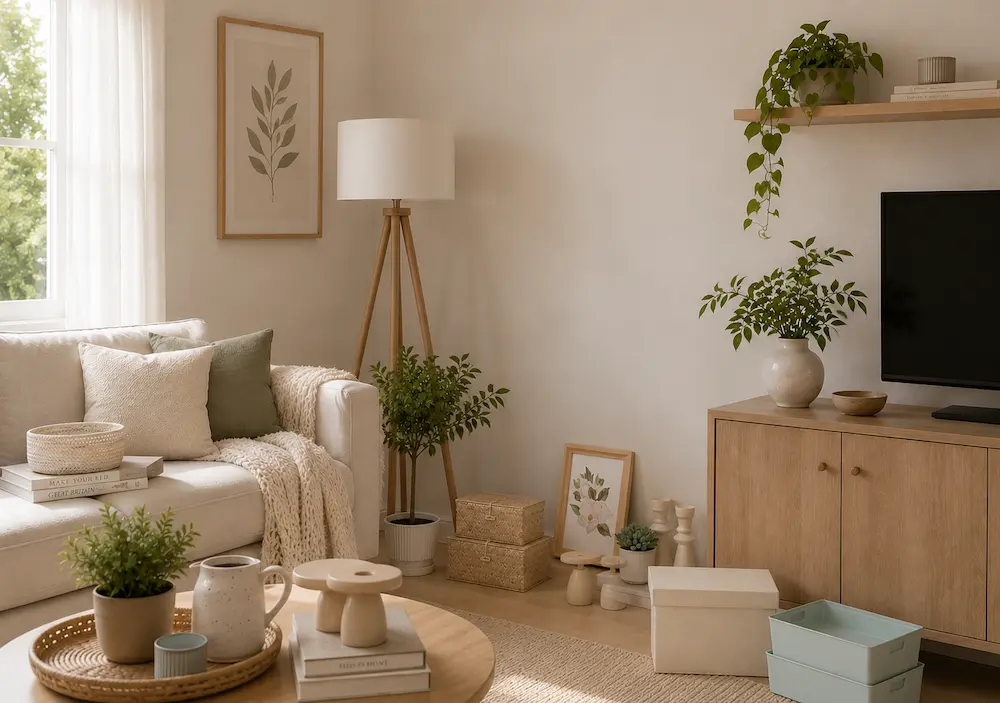 Petit salon encombré par des livres et des objets sans bibliothèque adaptée
