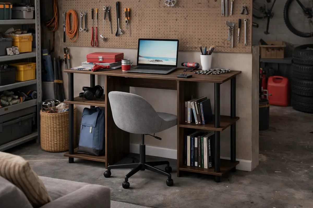 Bureau compact avec rangement bien optimisé