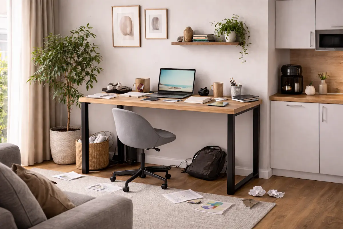 Petit espace encombré par un bureau trop grand