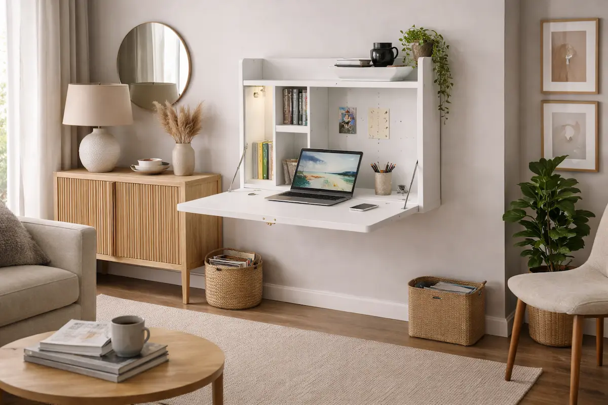 Utilisation bureau escamotable mural dans un intérieur moderne