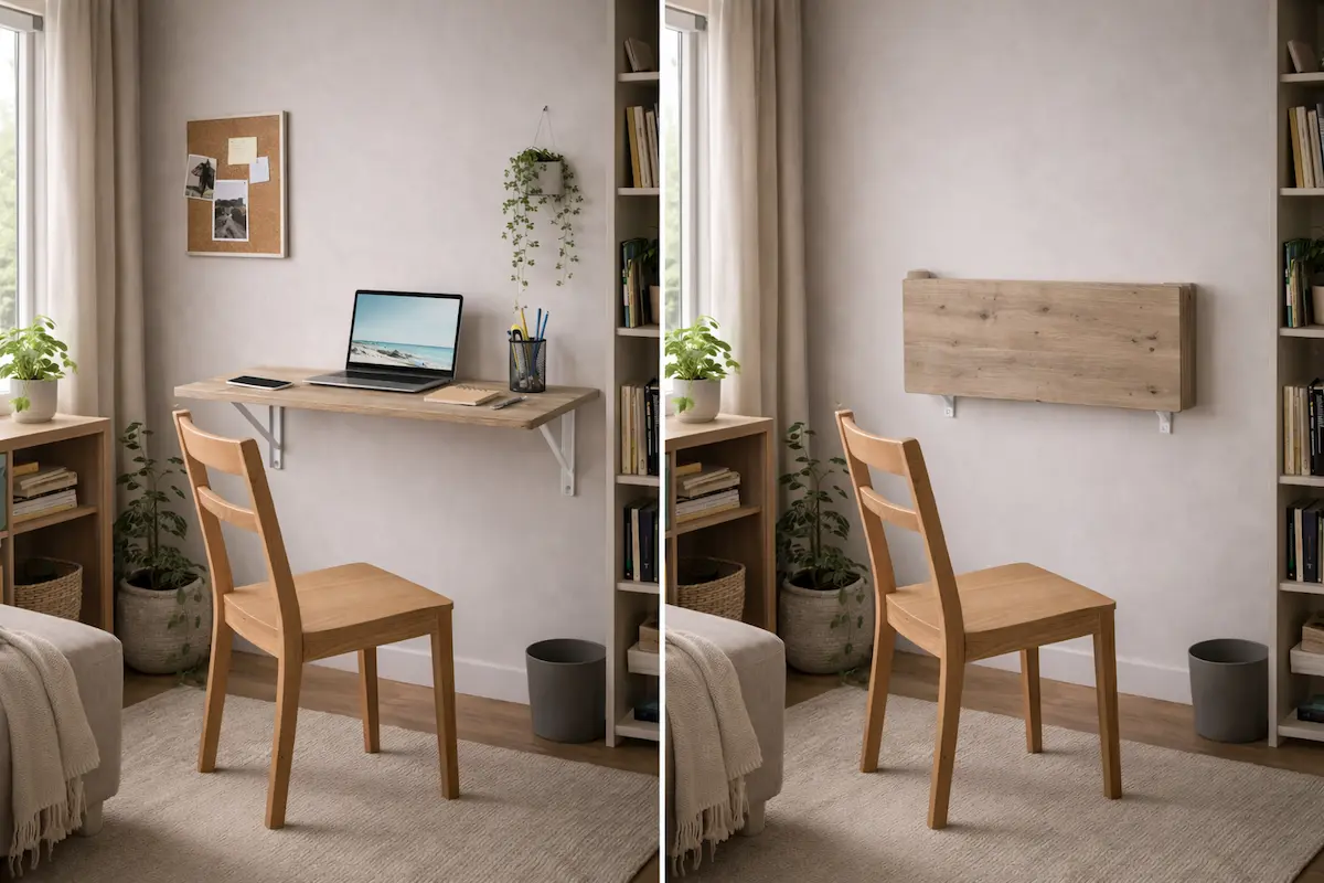 Avant après avec bureau mural pliable dans un studio