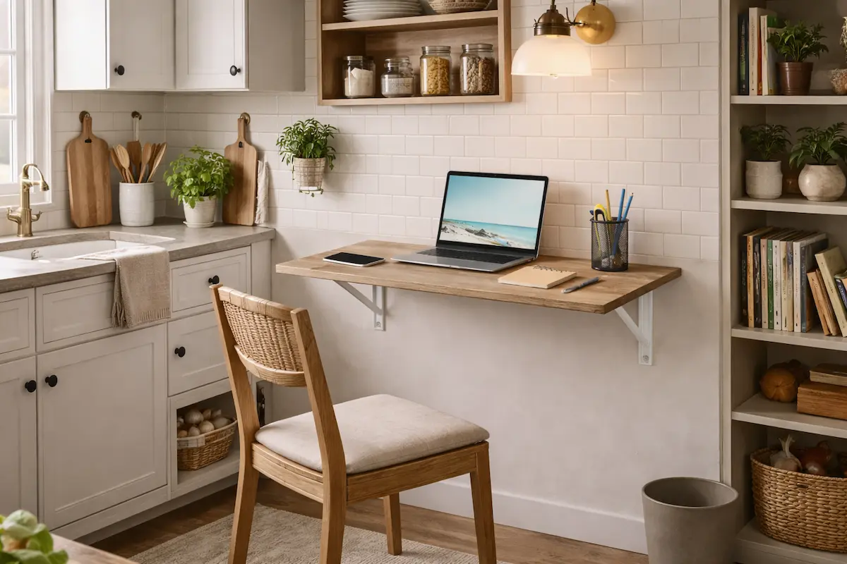 Un bureau mural pliable dans une cuisine