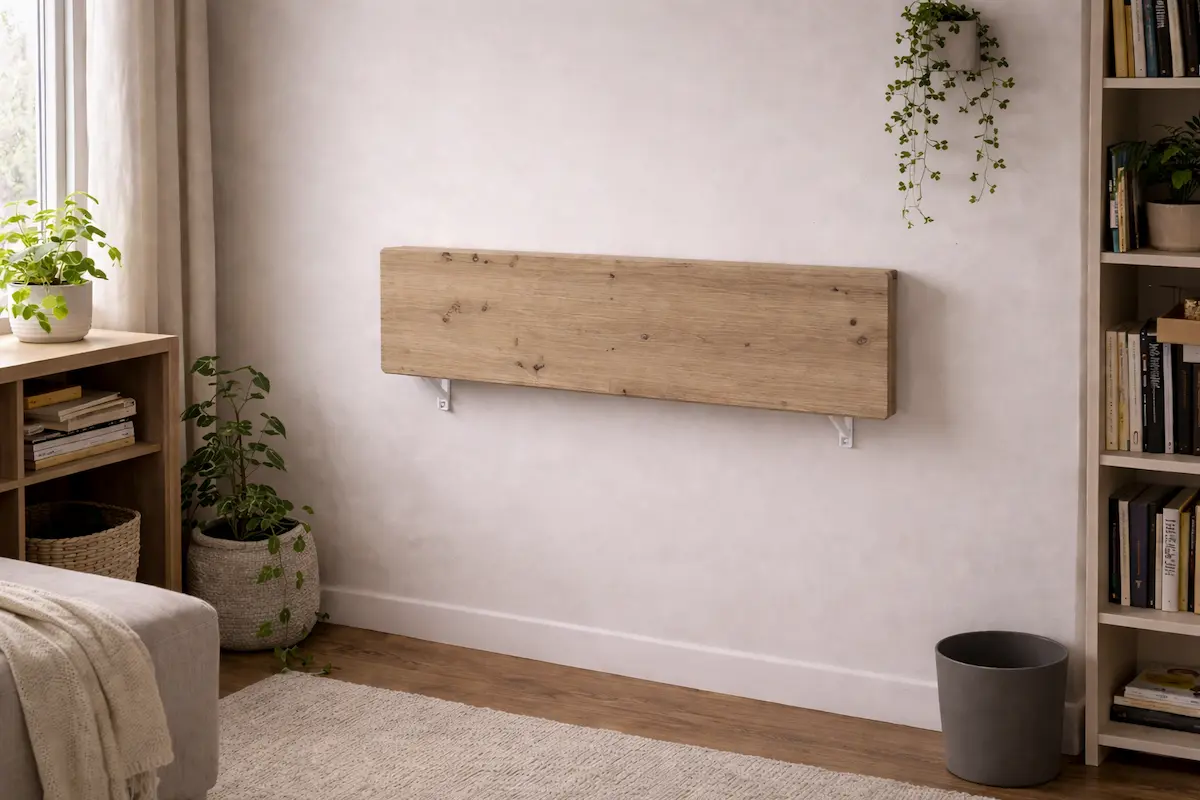 Bureau mural pliable avec setup minimaliste