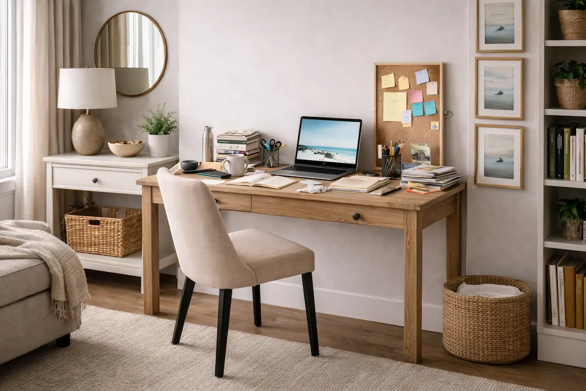 Petit espace mal aménagé avec un bureau encombrant