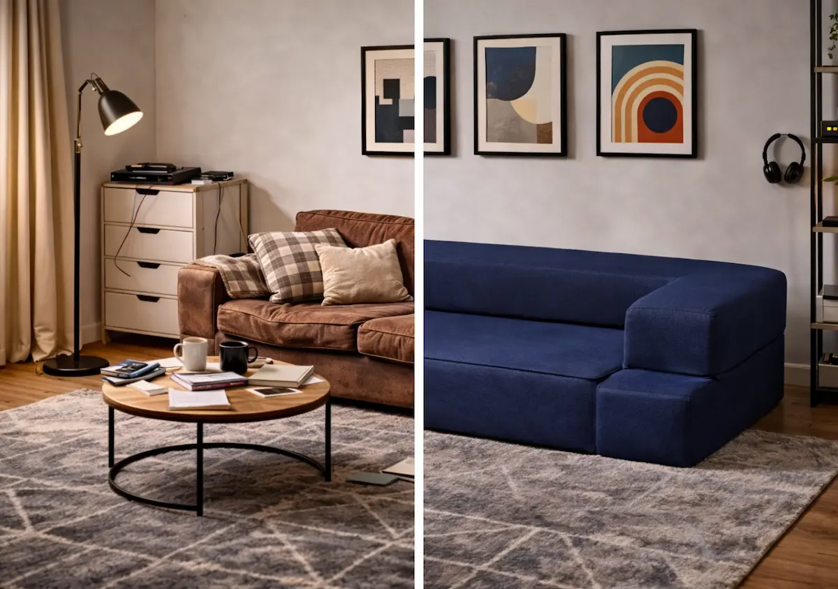 Avant après avec canapé multifonction dans un salon