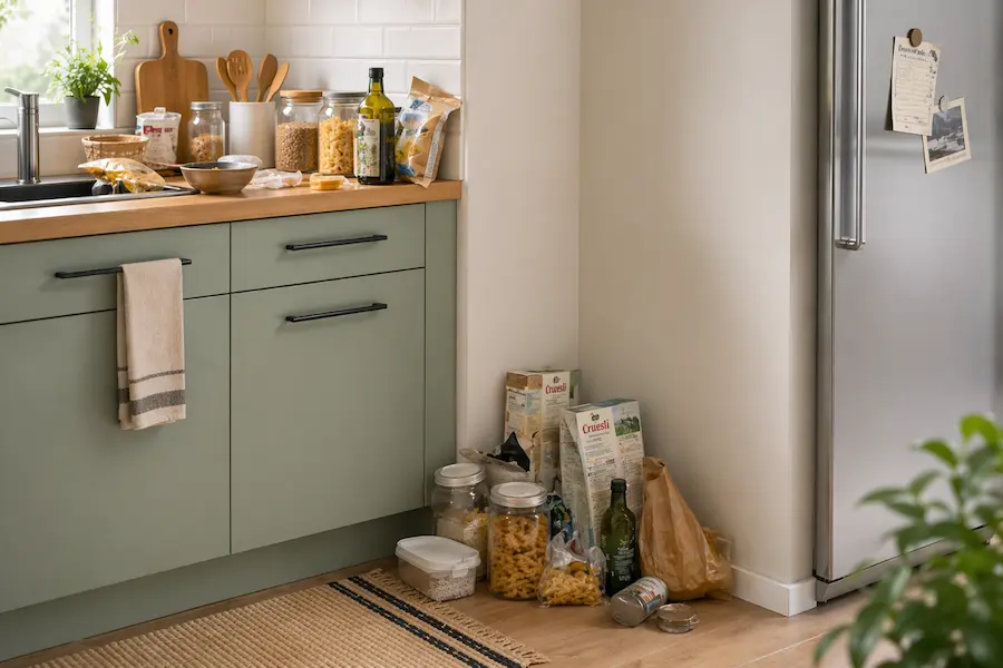 Cuisine encombrée sans desserte