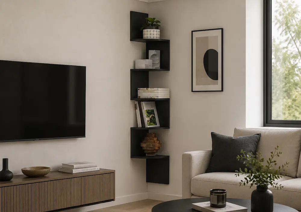 Étagère d'angle murale dans un salon moderne