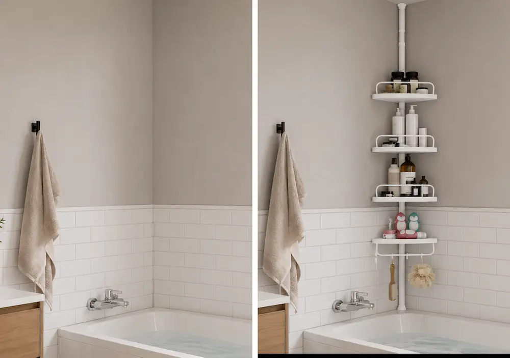 Avant après avec étagère d'angle salle de bain