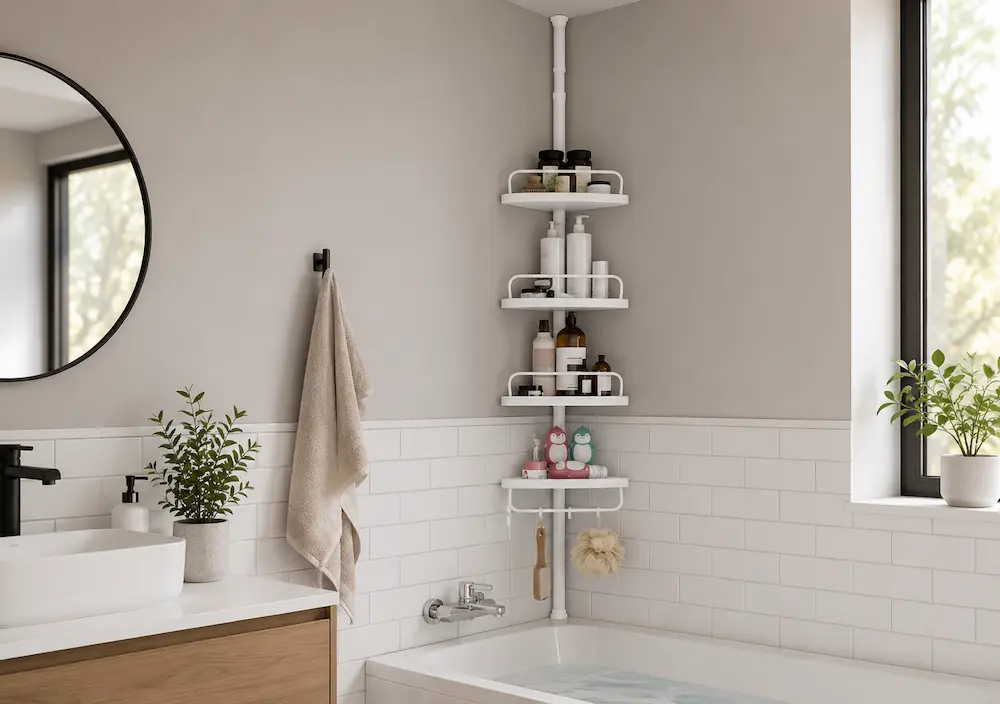 Étagère d'angle utilisée dans une salle de bain
