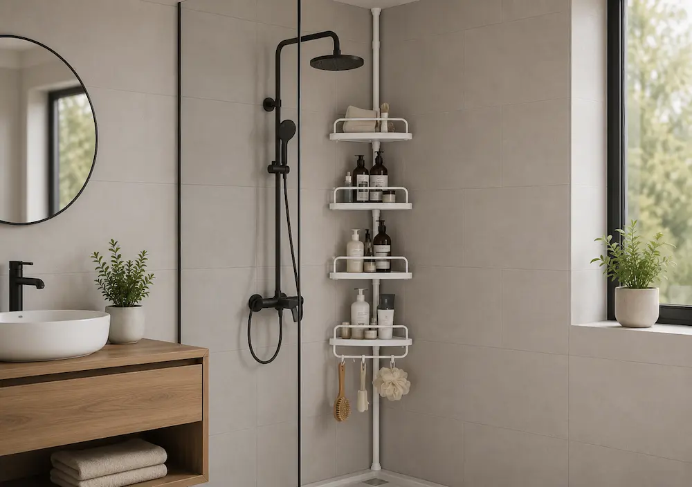 Organisation d'une étagère d'angle salle de bain