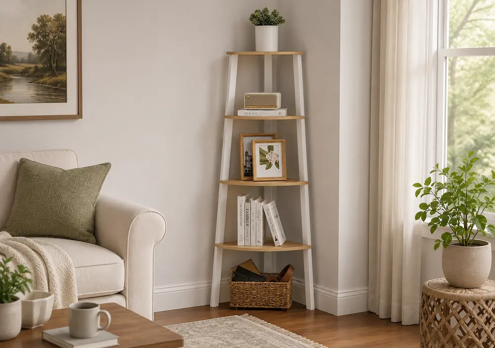 Étagère d'angle sur pied utilisée dans un salon