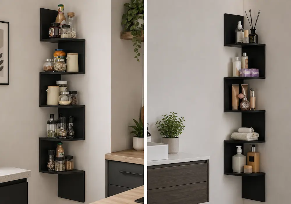 Étagère d'angle dans un petit salon