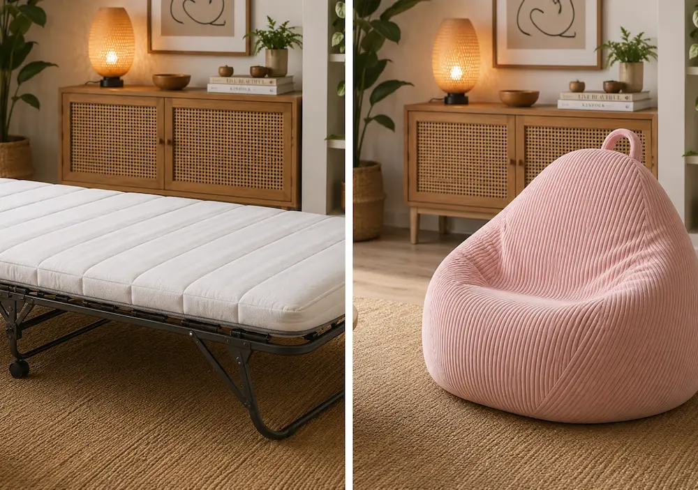Avant après d'un pouf convertible transformé en couchage