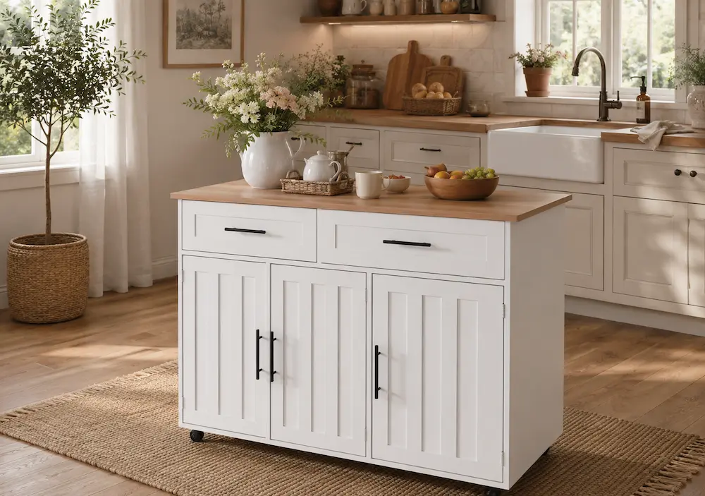 Îlot avec table rabattable bien intégré dans une petite cuisine