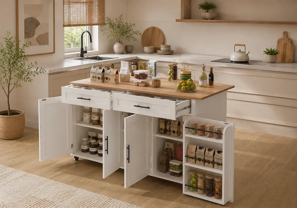 Îlot de cuisine avec table rabattable utilisé dans une petite cuisine