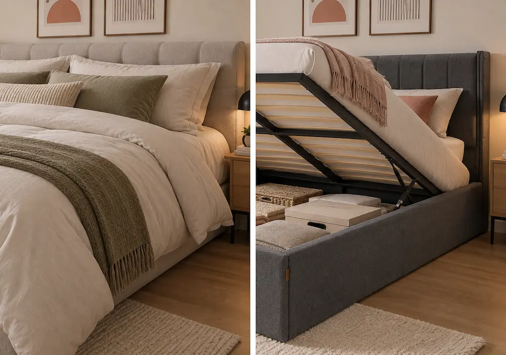 Avant après d'une petite chambre avec un lit coffre compact