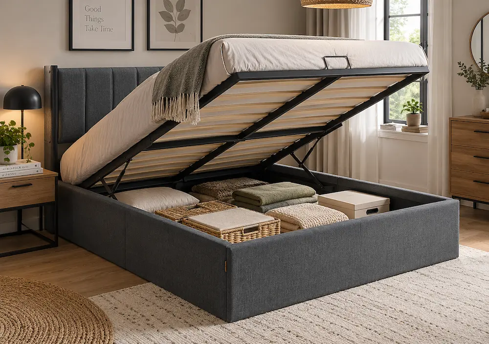Grand rangement intérieur d'un lit coffre compact