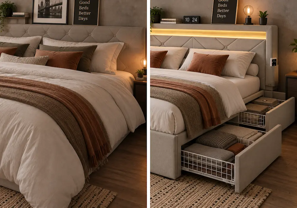 Avant après d'une petite chambre avec lit coffre à ouverture latérale