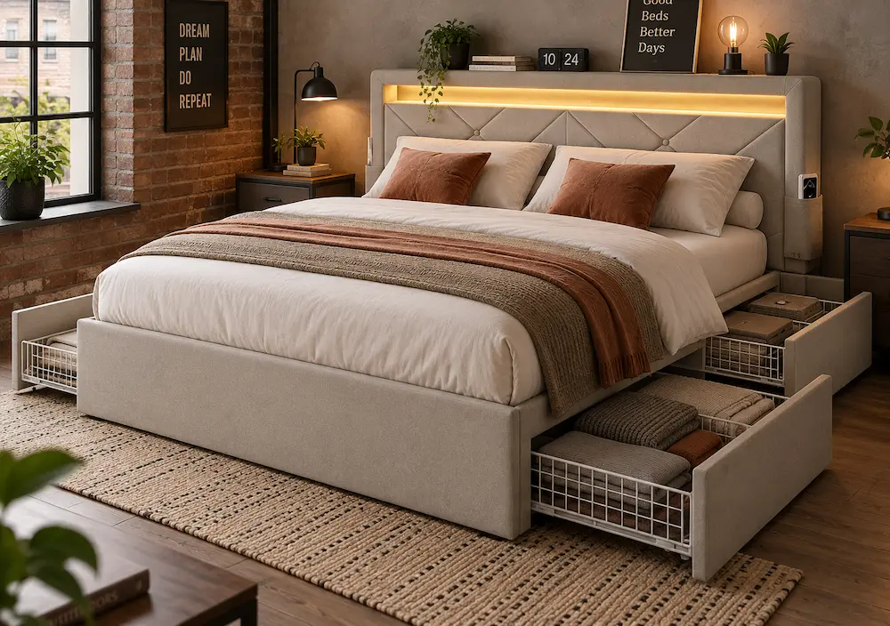 Lit coffre ouvert latéralement dans une petite chambre