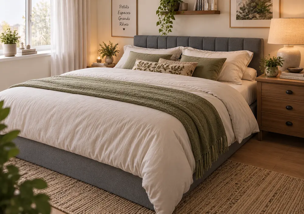 Petite chambre avec lit coffre et meubles de chevet encombrants