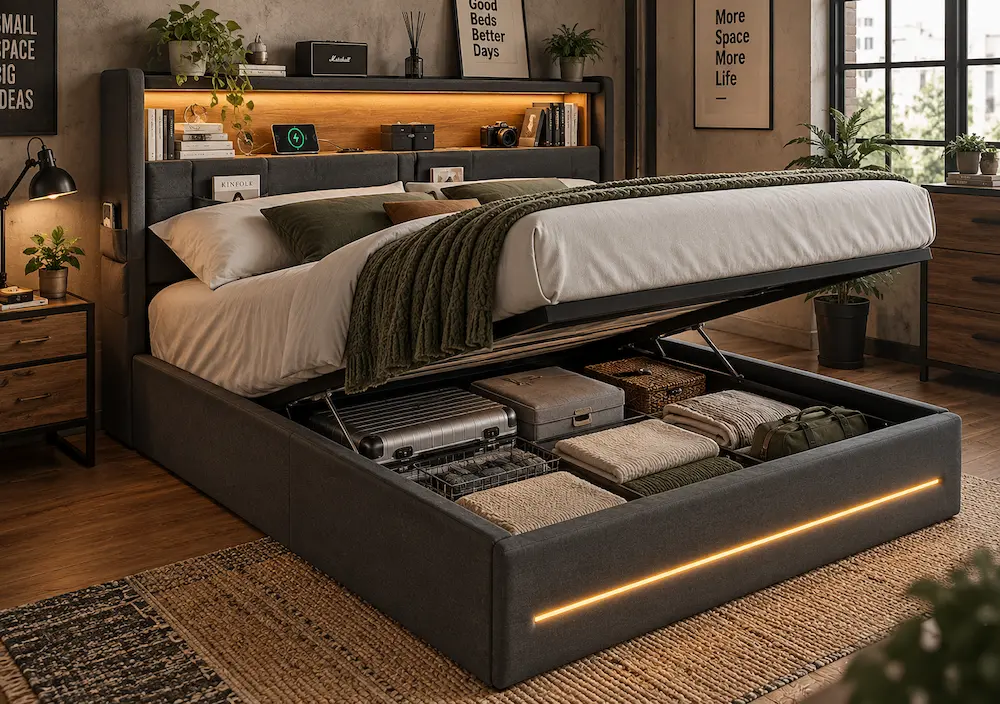 Lit coffre avec tête de lit rangement dans une petite chambre optimisée