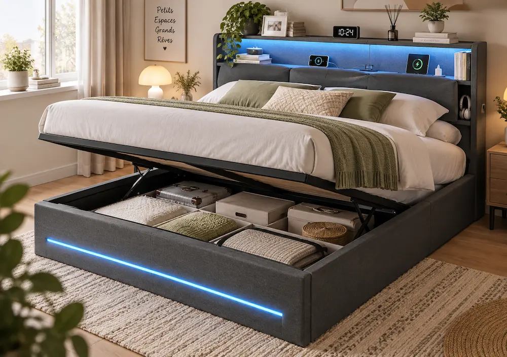 Lit coffre avec niches de rangement dans la tête de lit