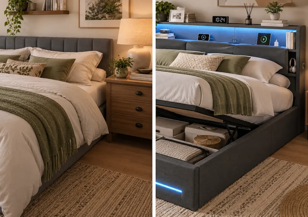 Avant après d'une petite chambre avec lit coffre et tête de lit rangement