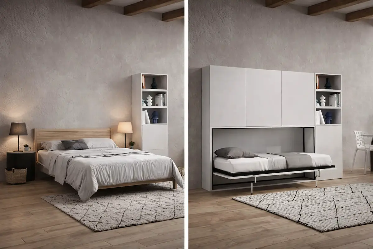 Avant après d’un espace avec contraintes aménagé avec lit horizontal