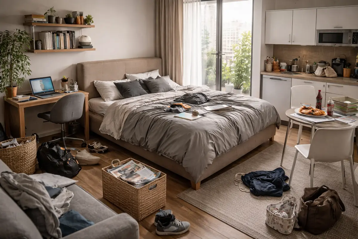 Petit appartement encombré par un lit classique trop imposant