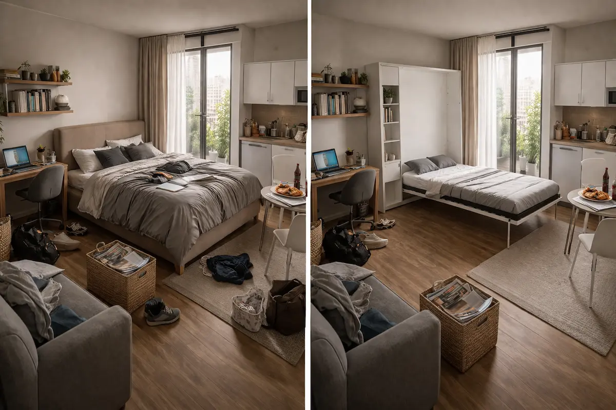 Avant après d’un studio avec lit classique puis lit escamotable