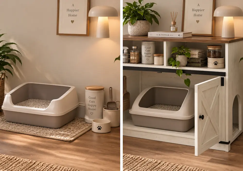 Avant après avec meuble cache-litière et rangement dans un petit appartement
