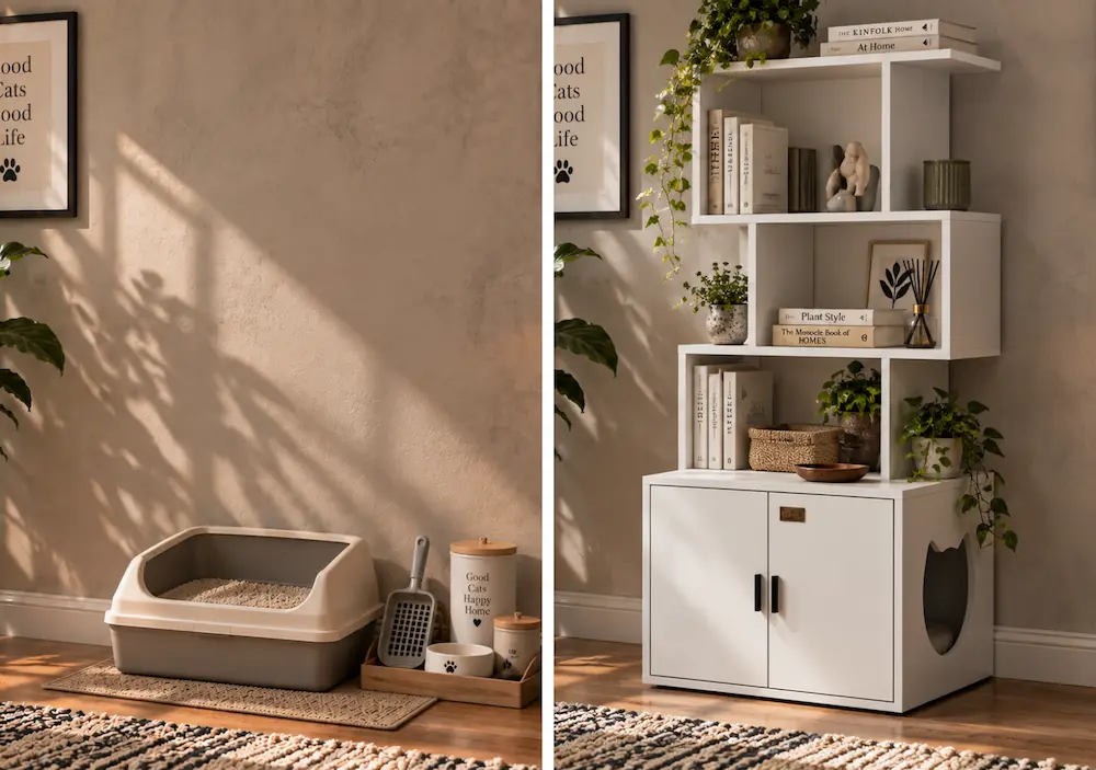 Avant après avec un meuble cache-litière vertical dans un petit appartement