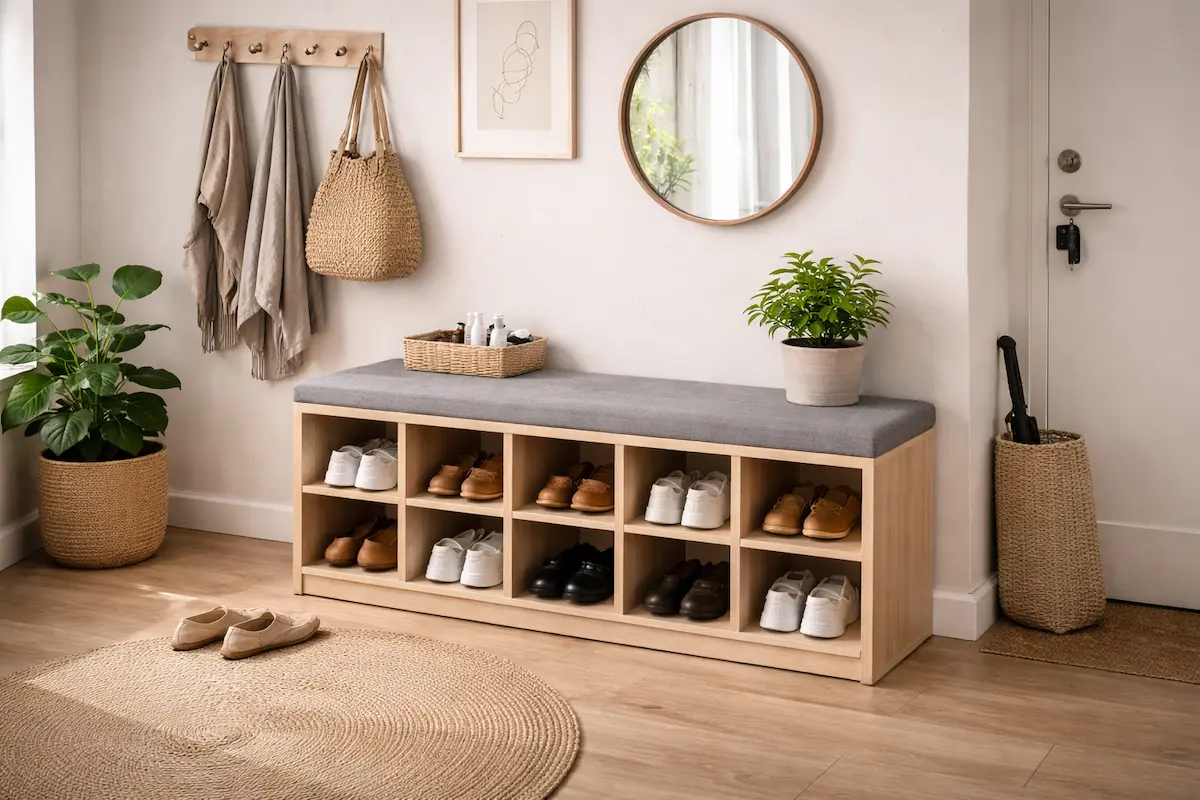 Organisation meuble chaussures avec banc