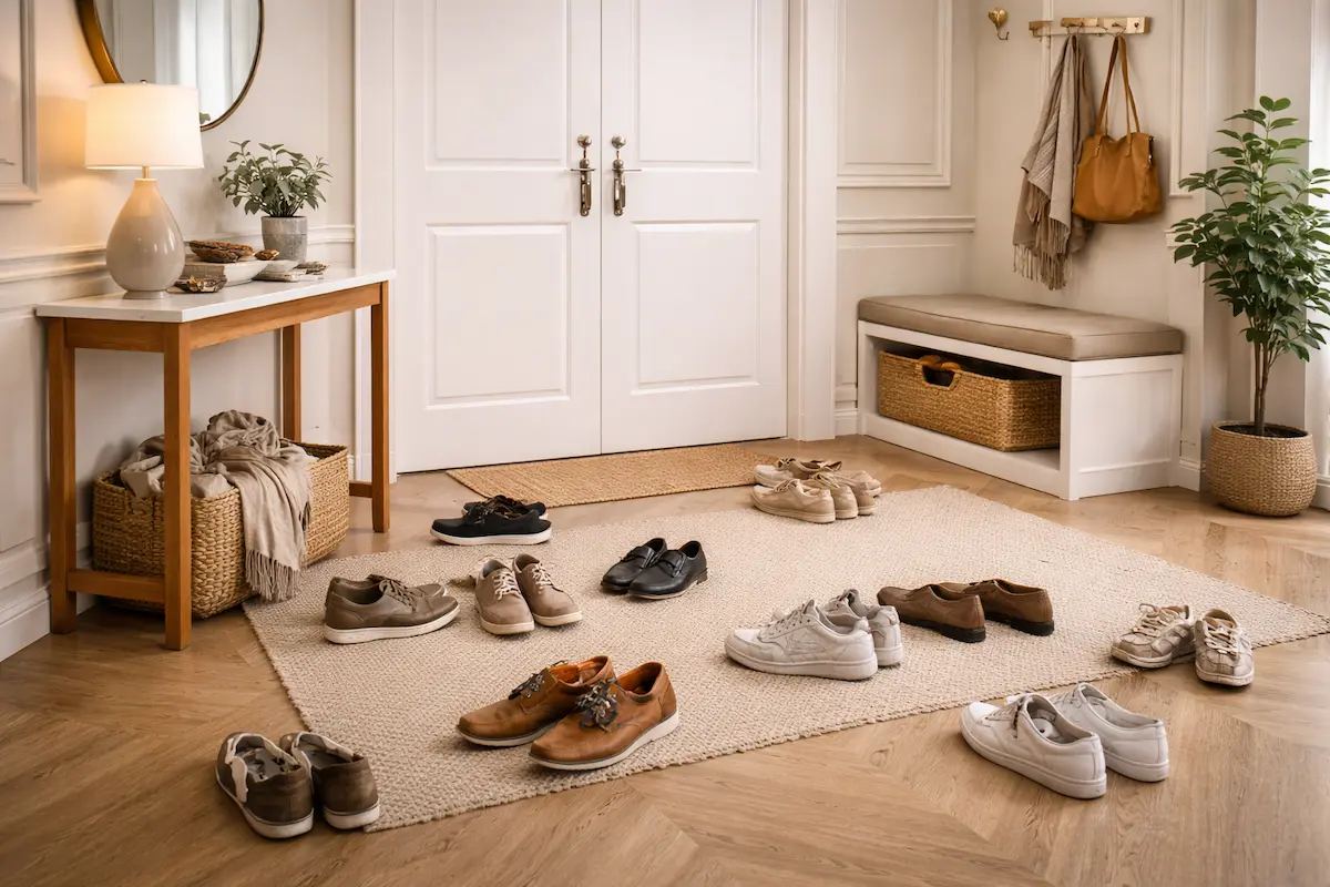 Chaussures encombrant le sol d’une entrée