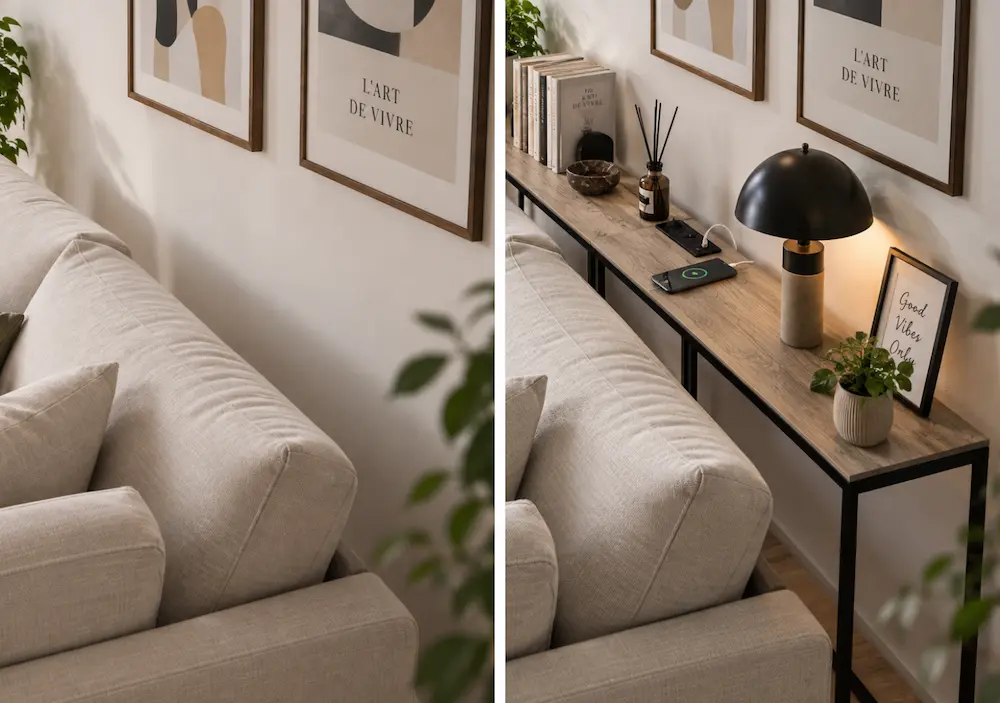 Avant après d'un petit salon avec meuble étroit derrière le canapé