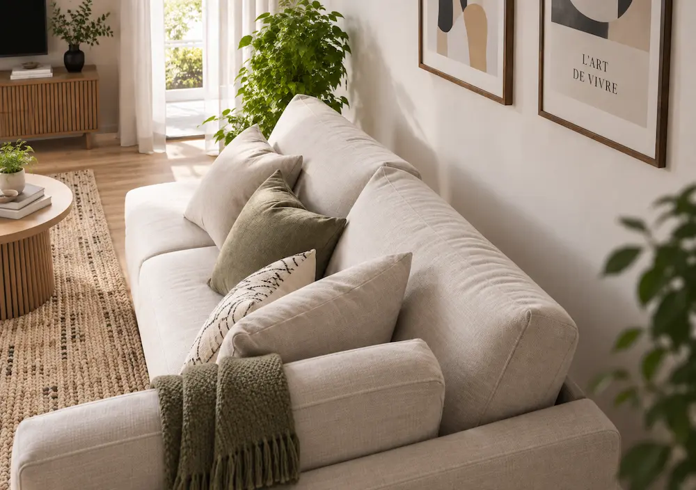 Petit salon avec espace inutilisé derrière le canapé