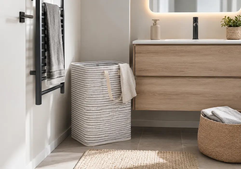 Panier à linge compact dans une petite salle de bain