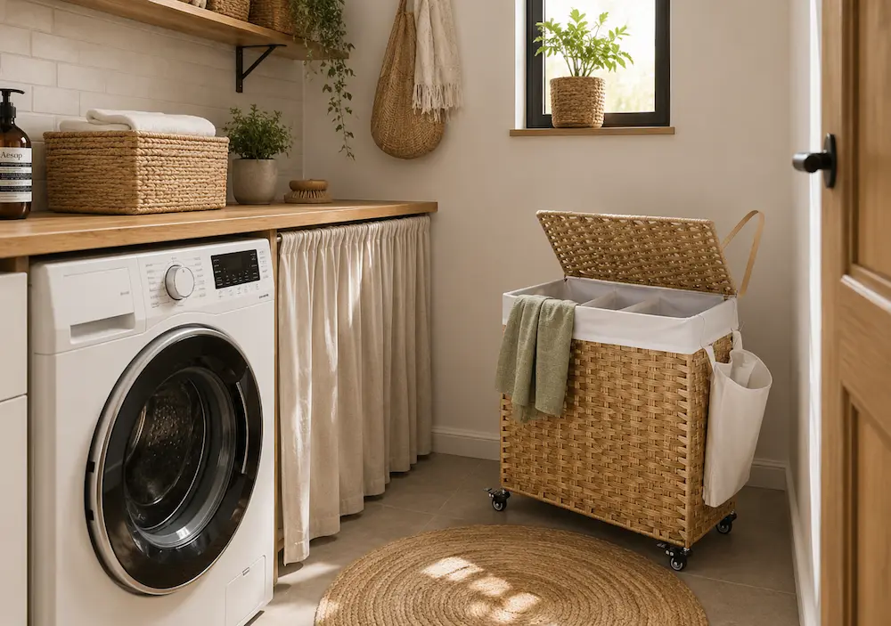 Panier à linge sur roulettes dans une buanderie
