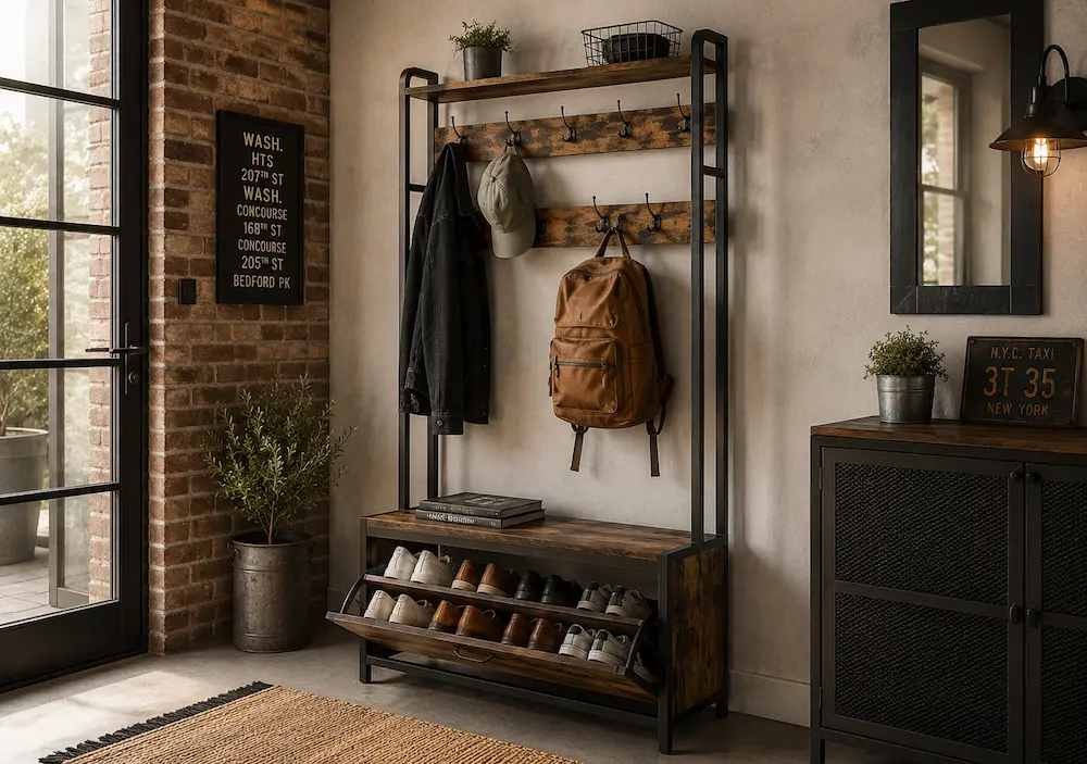 Détails d'un porte-manteau avec banc