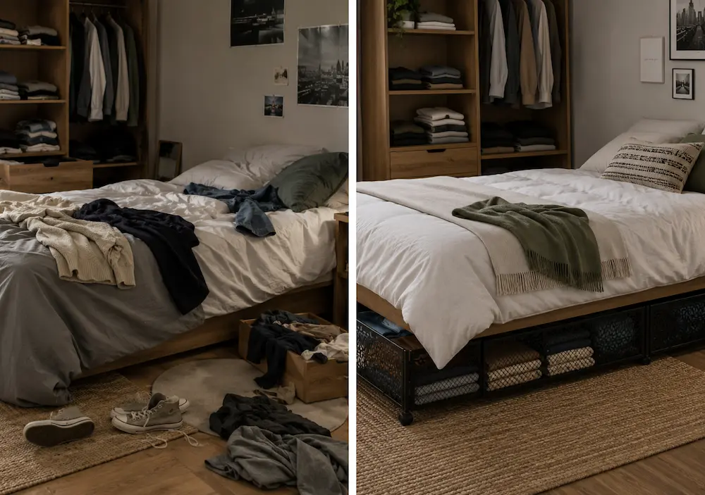 Avant après rangement sous lit à roulettes