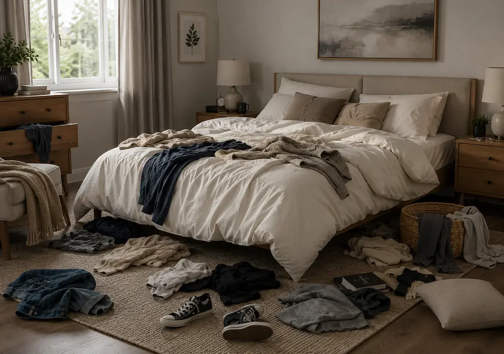 Chambre encombrée sans rangement sous lit