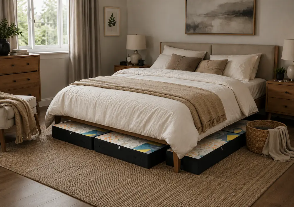 Rangement sous lit ultra plat utilisé dans une chambre
