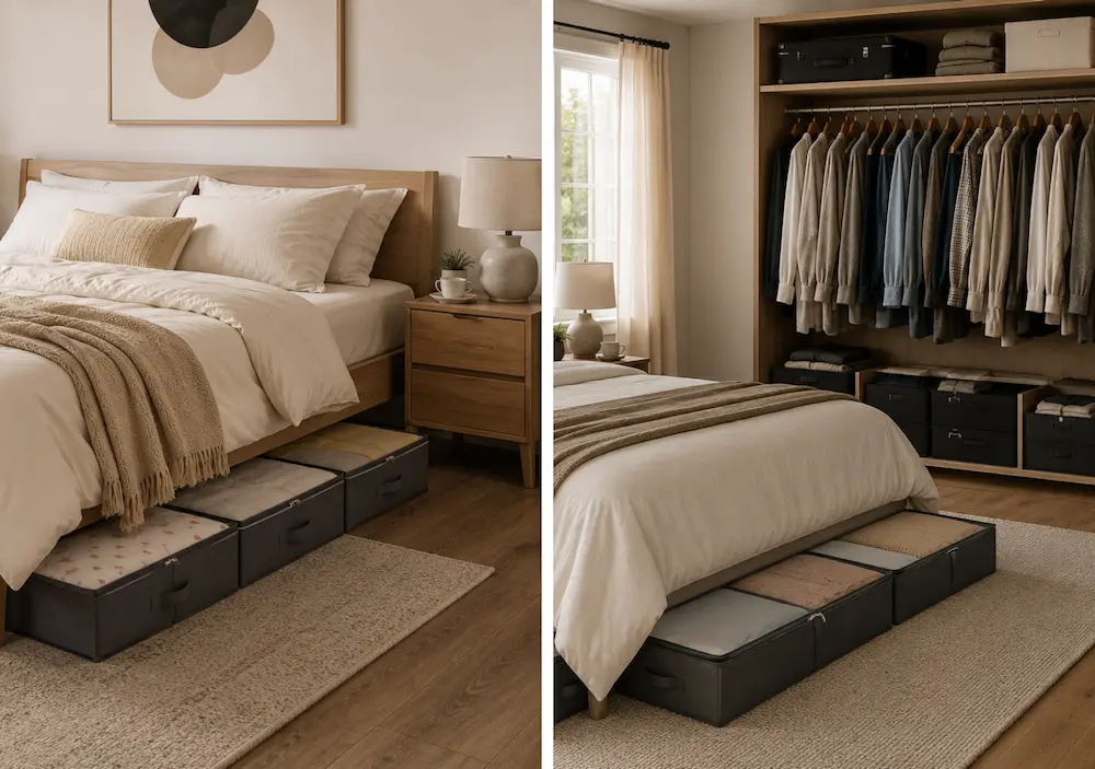 Organisation chambre avec rangement sous lit