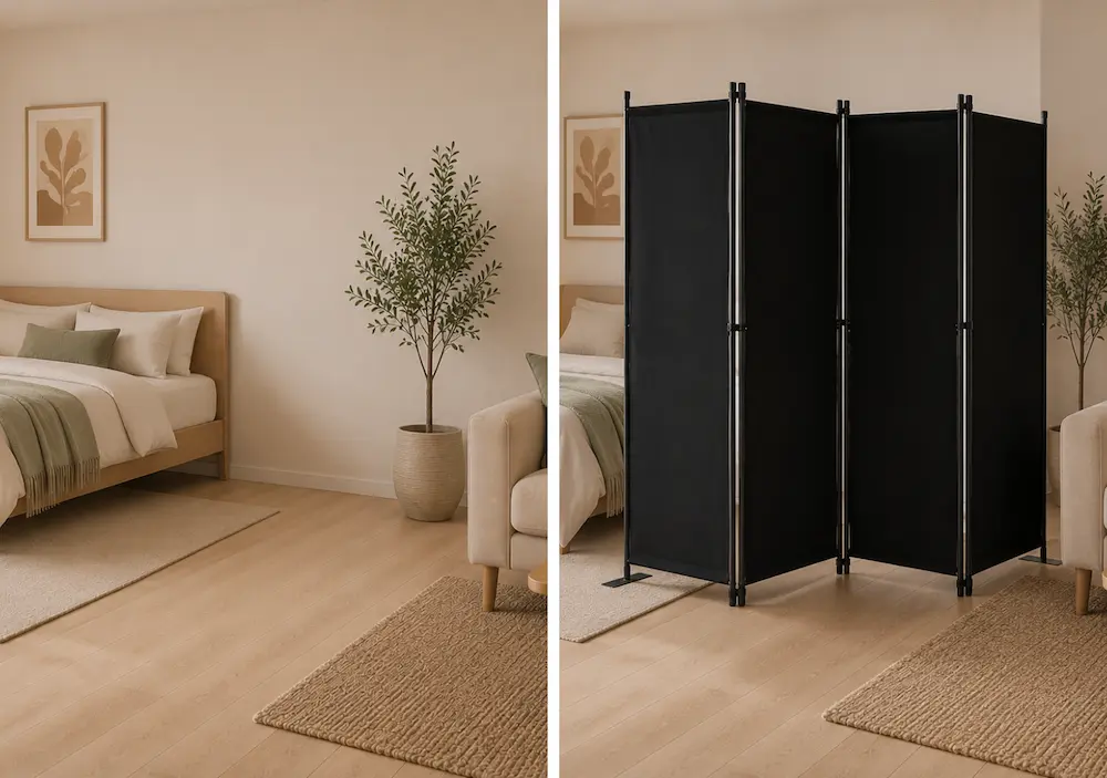 Avant après avec un paravent pliable dans un petit studio