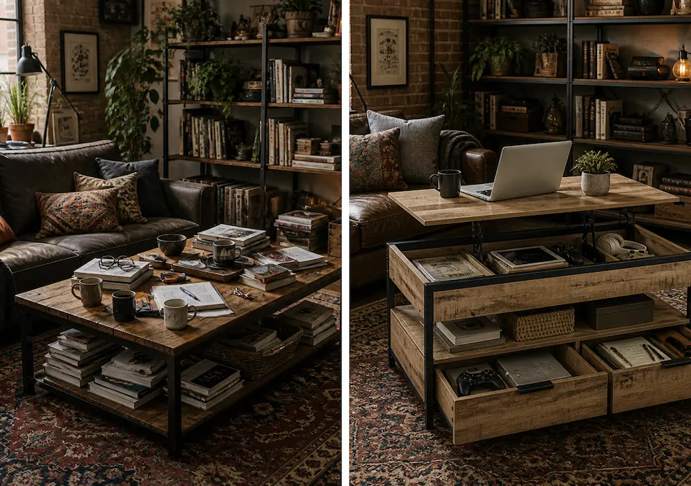 Avant après table relevable avec rangement