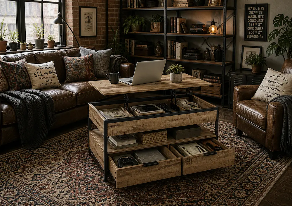 Table relevable avec rangement utilisée dans un salon