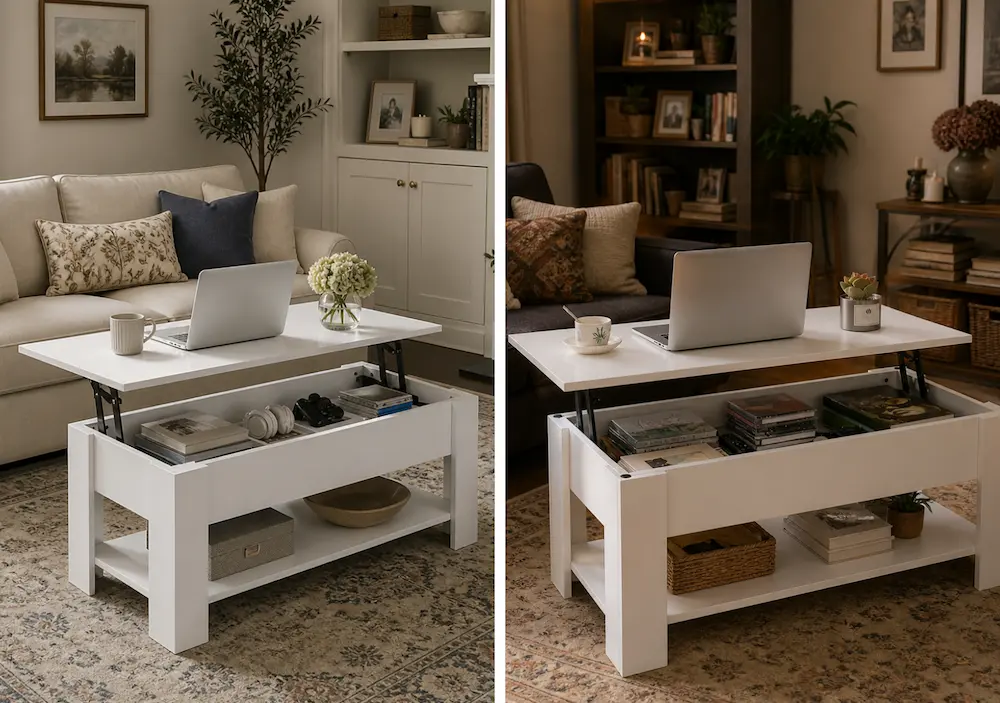 Table basse relevable dans un petit salon