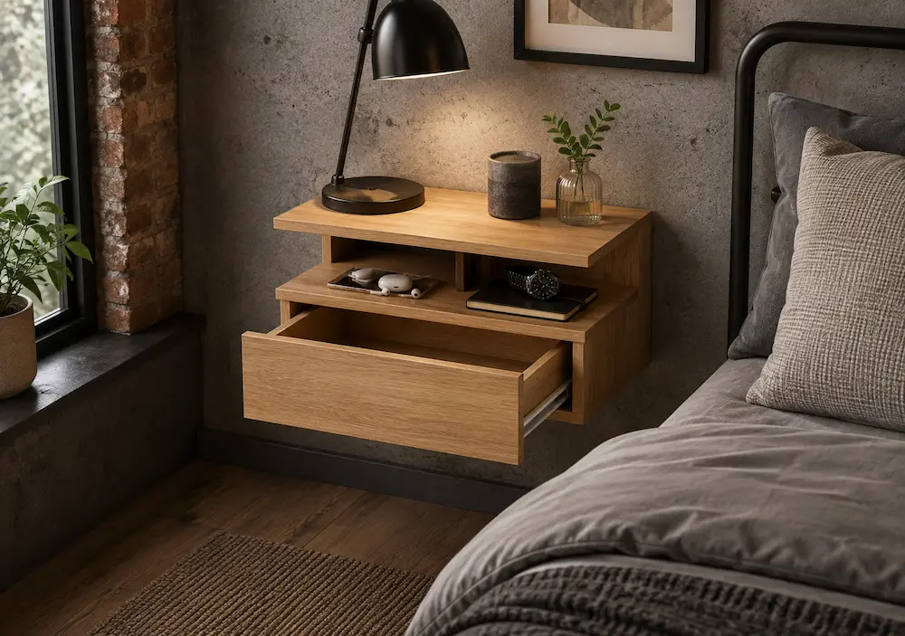 Organisation d'une table de chevet suspendue dans une petite chambre