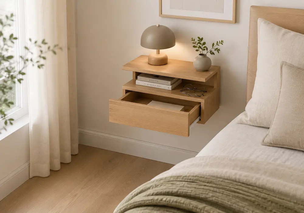Table de chevet suspendue utilisée dans une petite chambre moderne